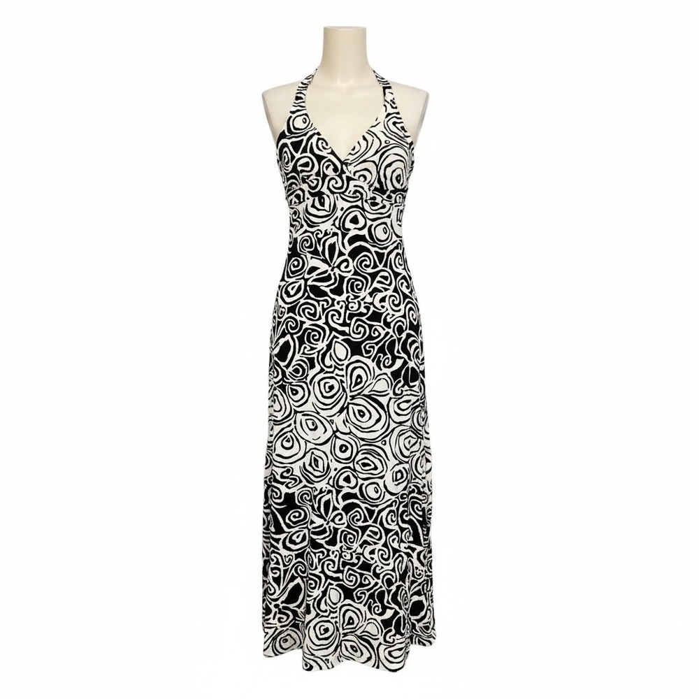 Charlotte Russe Halter Maxi Dress Black White Swirl Print‎ Small